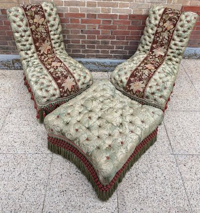 PAIR OF CHAUFFEUSES matched with a POUF upholstered...