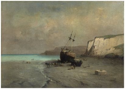 INOEL (XIX)
Navire à marée basse 
Huile sur...