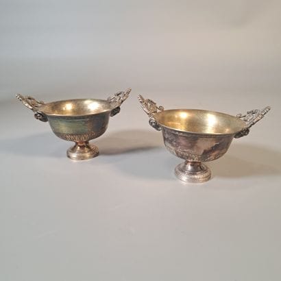 ODIOT PARIS
Pair of vermeil salerons on pedestal,...