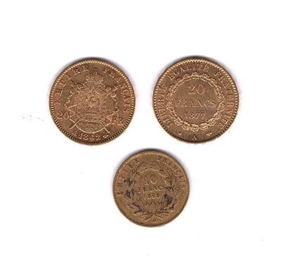 FRANCE
Three gold coins : 
- 1 20-franc gold...