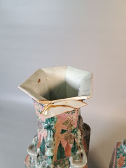 CHINA
Pair of hexagonal porcelain vases decorated...