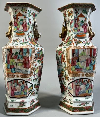 CANTON, late 19th century, 
Pair of hexagonal...