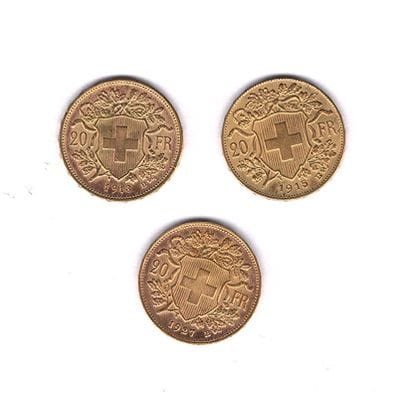 SWITZERLAND
3 coins 20 francs Helvetia type
1913,...