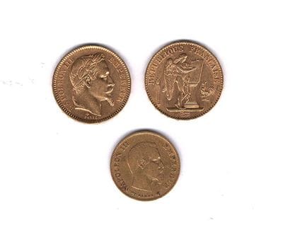 FRANCE
Three gold coins : 
- 1 20-franc gold...