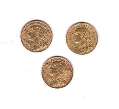 SWITZERLAND
3 coins 20 francs Helvetia type
1913,...