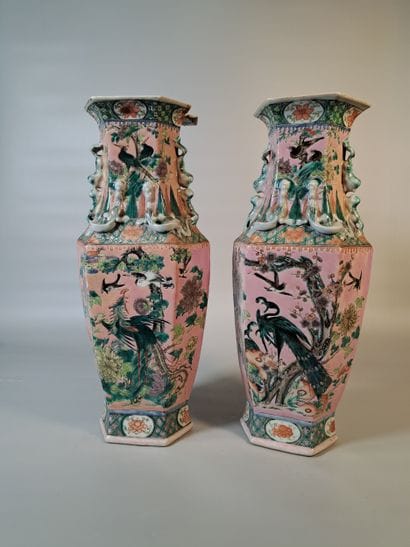 CHINA
Pair of hexagonal porcelain vases decorated...