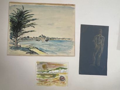 CARTON A DESSINS comprenant aquarelles, pastels,...