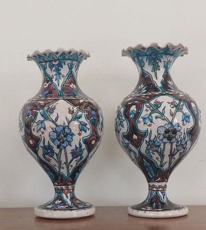Pair of ceramic vases with blue and brown...