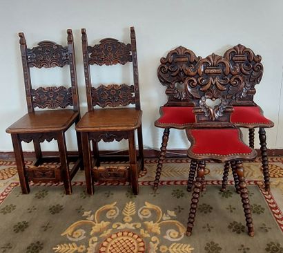 THREE moulded and carved wooden CHAIRS, velvet...
