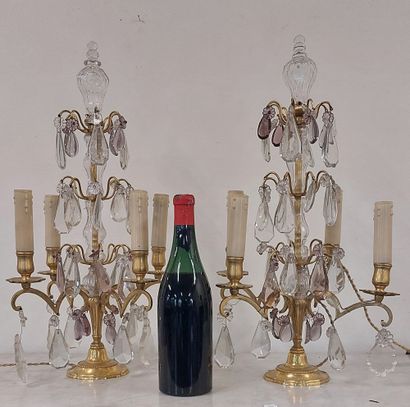 PAIR OF GIRANDOLES in bronze and pendants,...