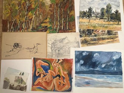 CARTON A DESSINS comprenant aquarelles, pastels,...