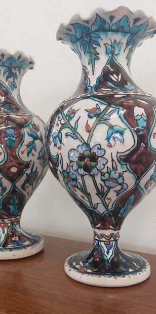 Pair of ceramic vases with blue and brown...