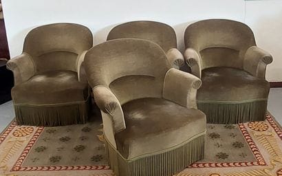 SUITE OF FOUR CRAPAUDS upholstered in green...