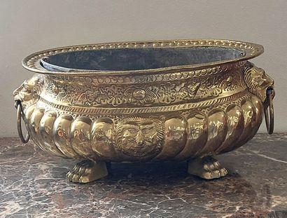 JARDINIERE in embossed yellow copper, claw...