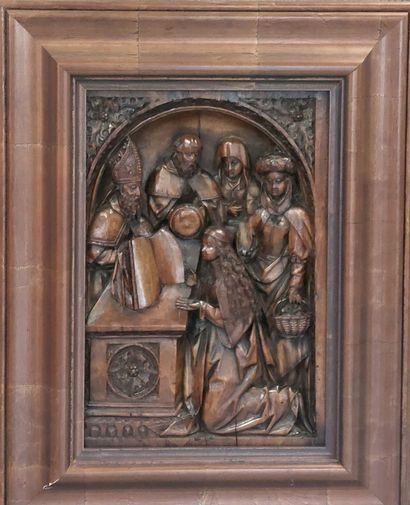 Carved wooden PANEL decorated with religious...