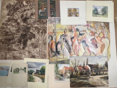 CARTON A DESSINS comprenant aquarelles, pastels,...