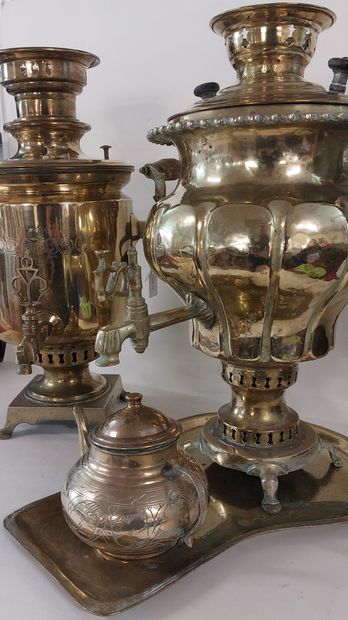 TWO Russian SAMOVARS in yellow copper 

A...