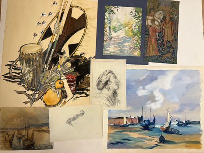 CARTON A DESSINS comprenant aquarelles, pastels,...