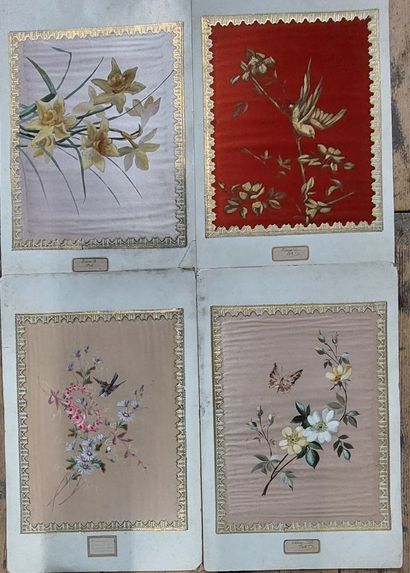 SUITE de 8 peintures sur soie marouflées...
