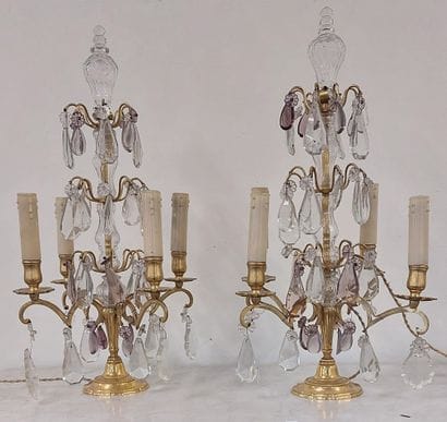 PAIR OF GIRANDOLES in bronze and pendants,...