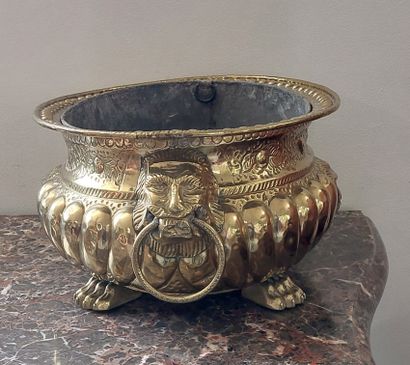 JARDINIERE in embossed yellow copper, claw...