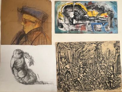 CARTON A DESSINS comprenant aquarelles, pastels,...
