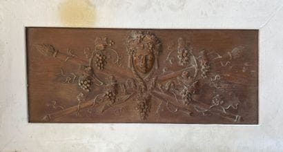Carved wooden PANEL decorated with a figure's...