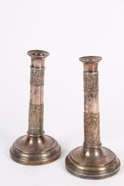SMALL PAIR OF CANDLES, in silver-plated copper,...