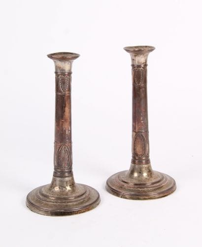 LARGE PAIR OF CANDLES, in silver-plated copper,...