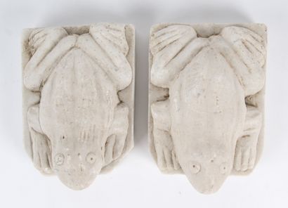 TWO FROGS
in carved white marble.
H. 8 x...