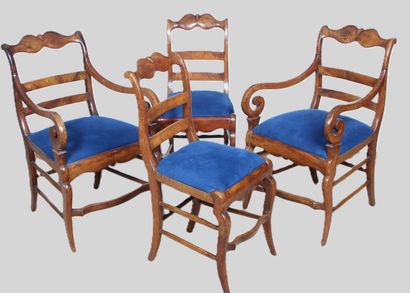 TWO walnut armchairs and two chairs, English...