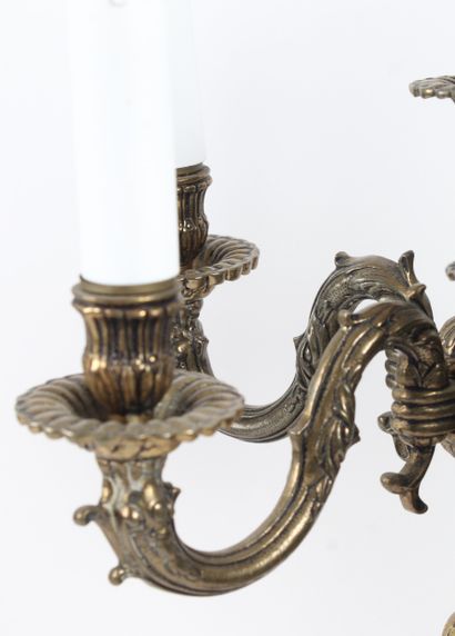 PAIR OF BRONZE CHANDELIERS, decorated with...