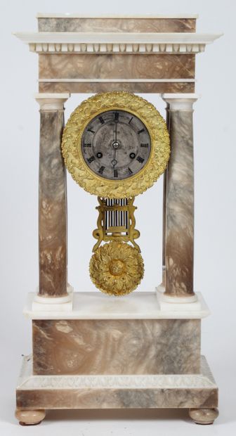 ALABASTER AND BROWN MARBLE CLOCK AND CANDLESTICK....