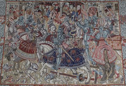 Machine-woven tapestry depicting a knight...