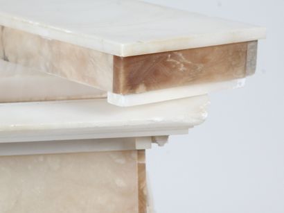 ALABASTER AND BROWN MARBLE CLOCK AND CANDLESTICK....