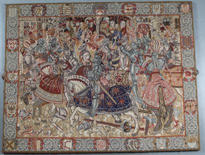Machine-woven tapestry depicting a knight...