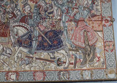 Machine-woven tapestry depicting a knight...