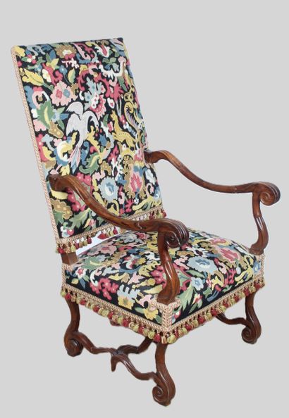 LOUIS XIII STYLE ARMCHAIR in molded walnut...