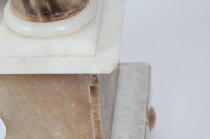 ALABASTER AND BROWN MARBLE CLOCK AND CANDLESTICK....
