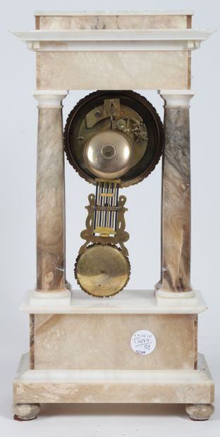 ALABASTER AND BROWN MARBLE CLOCK AND CANDLESTICK....