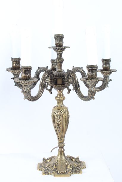 PAIR OF BRONZE CHANDELIERS, decorated with...