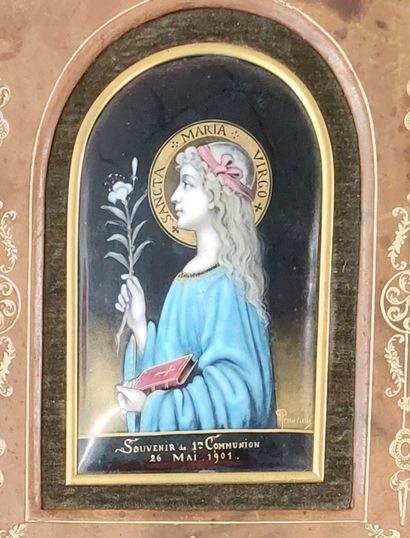 TWO ENAMELED PLAQUES 

Sancta Maria virgo

Dated...