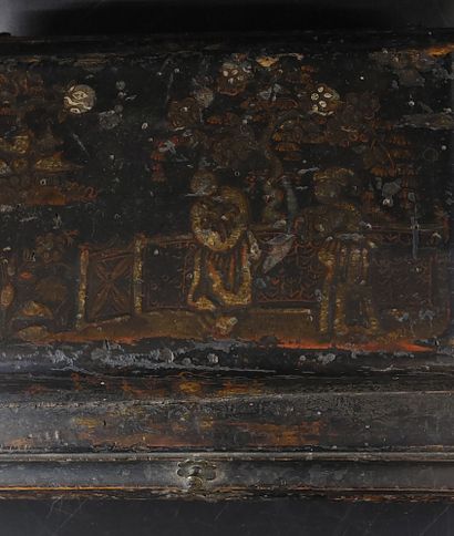 Blackened wooden box decorated with flowers...