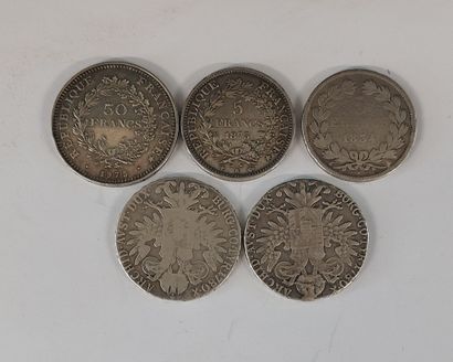 LOT DE 5 PIECES en argent :

- 50 Francs...