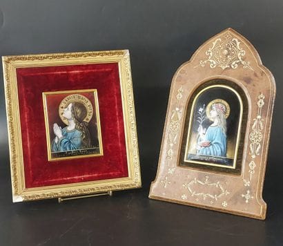 TWO ENAMELED PLAQUES 

Sancta Maria virgo

Dated...