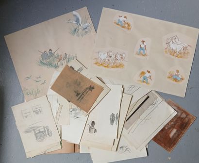IMPORTANT LOT de dessins, lithographies et...