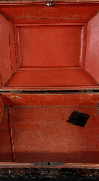 Blackened wooden box decorated with flowers...