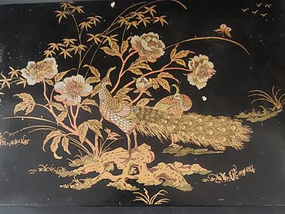 Blackened wooden box decorated with peacocks...