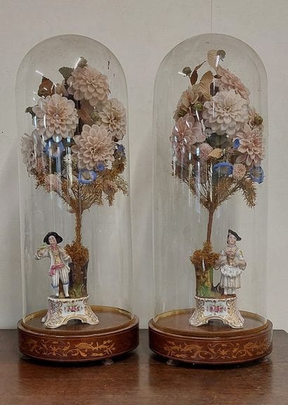 PAIR OF BRIDAL GLOBES decorated with porcelain...
