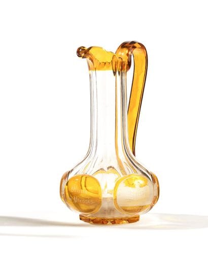 TWO-TONE GLASS DECANTER,
with faceted decoration,...